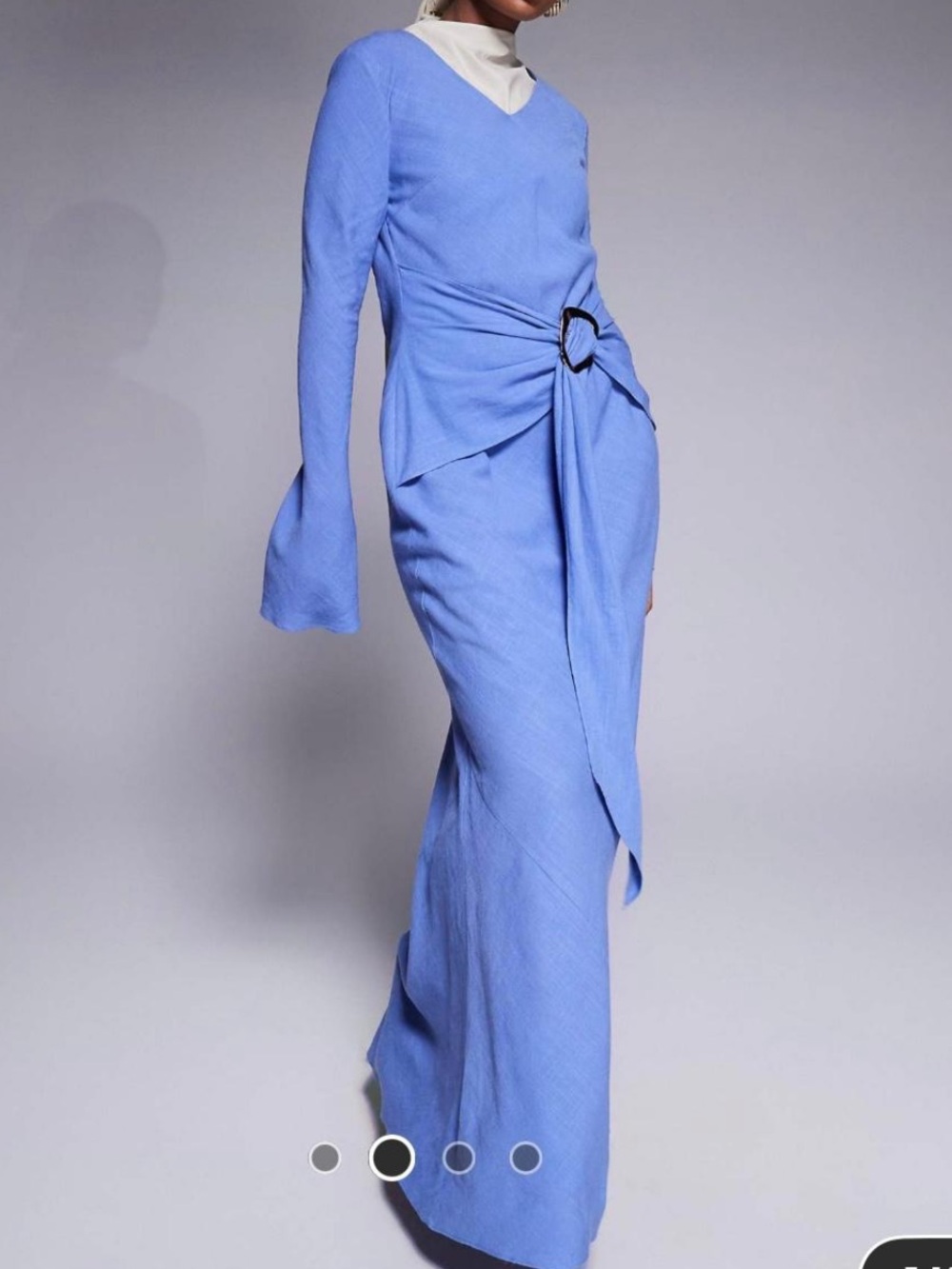 Elegant Sky Blue Long Sleeve Maxi Dress with Waist Detail